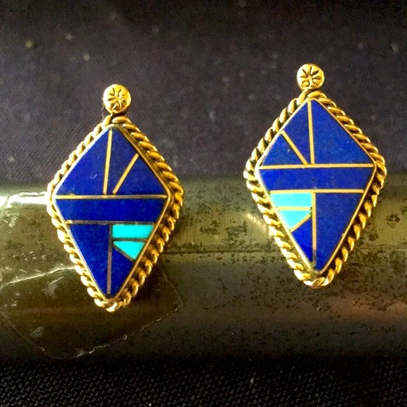 Vintage 14K Gold Lapis Turquoise Native American Earrings - Picture 2 of 16